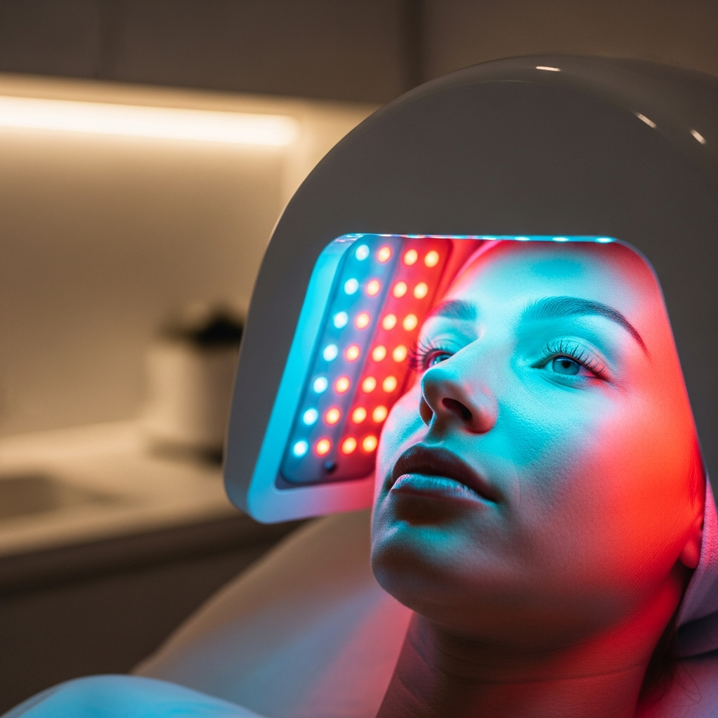 LED light therapy treatment with red and blue LED panels illuminating skin in spa setting