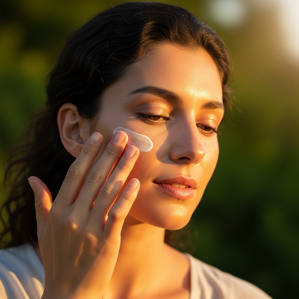 Woman applying sunscreen outdoors in warm Texas summer light - summer skin prep guide