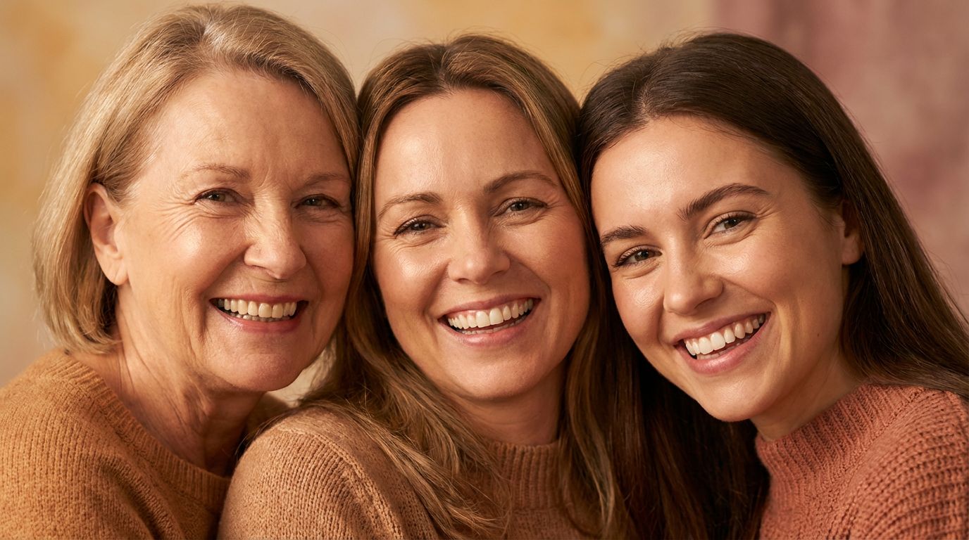 Three generations of beautiful women with radiant, healthy skin smiling together